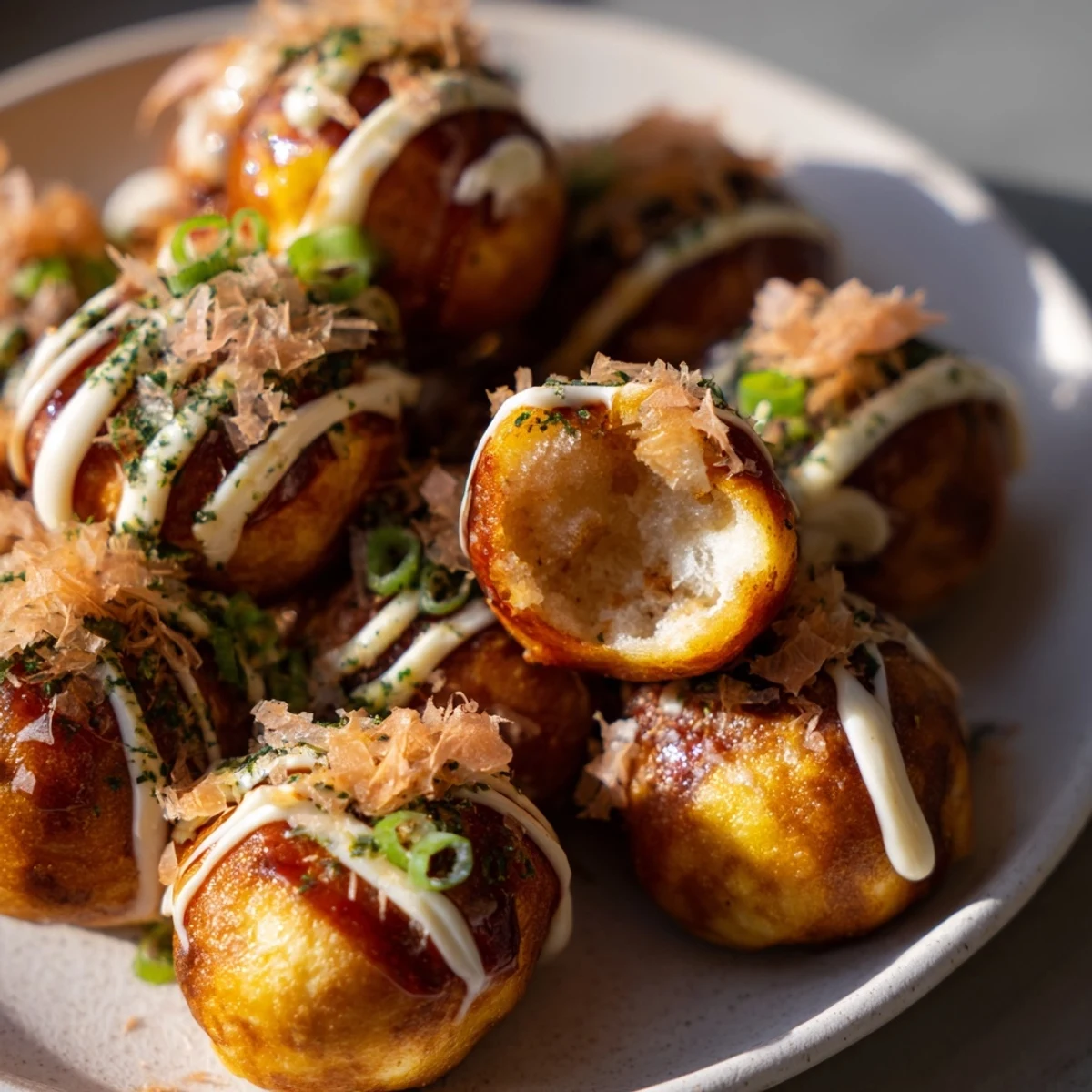 Savory octopus-filled Takoyaki arranged on a plate with pickled ginger and green onions