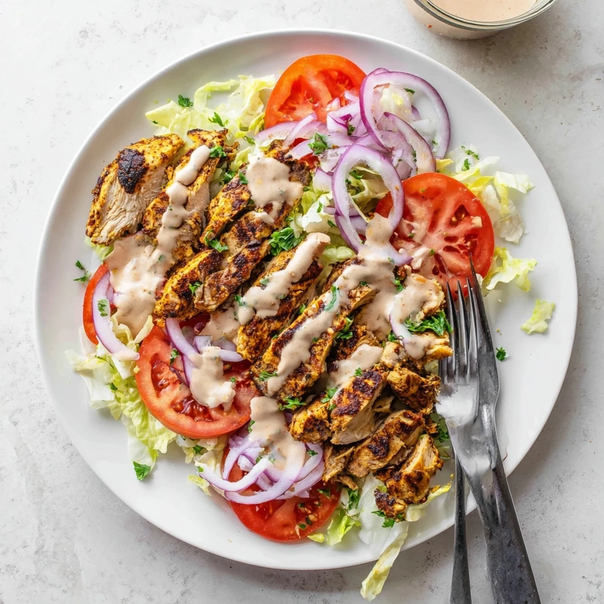 Golden spiced chicken shawarma slices drizzled with creamy white garlic sauce on a platter