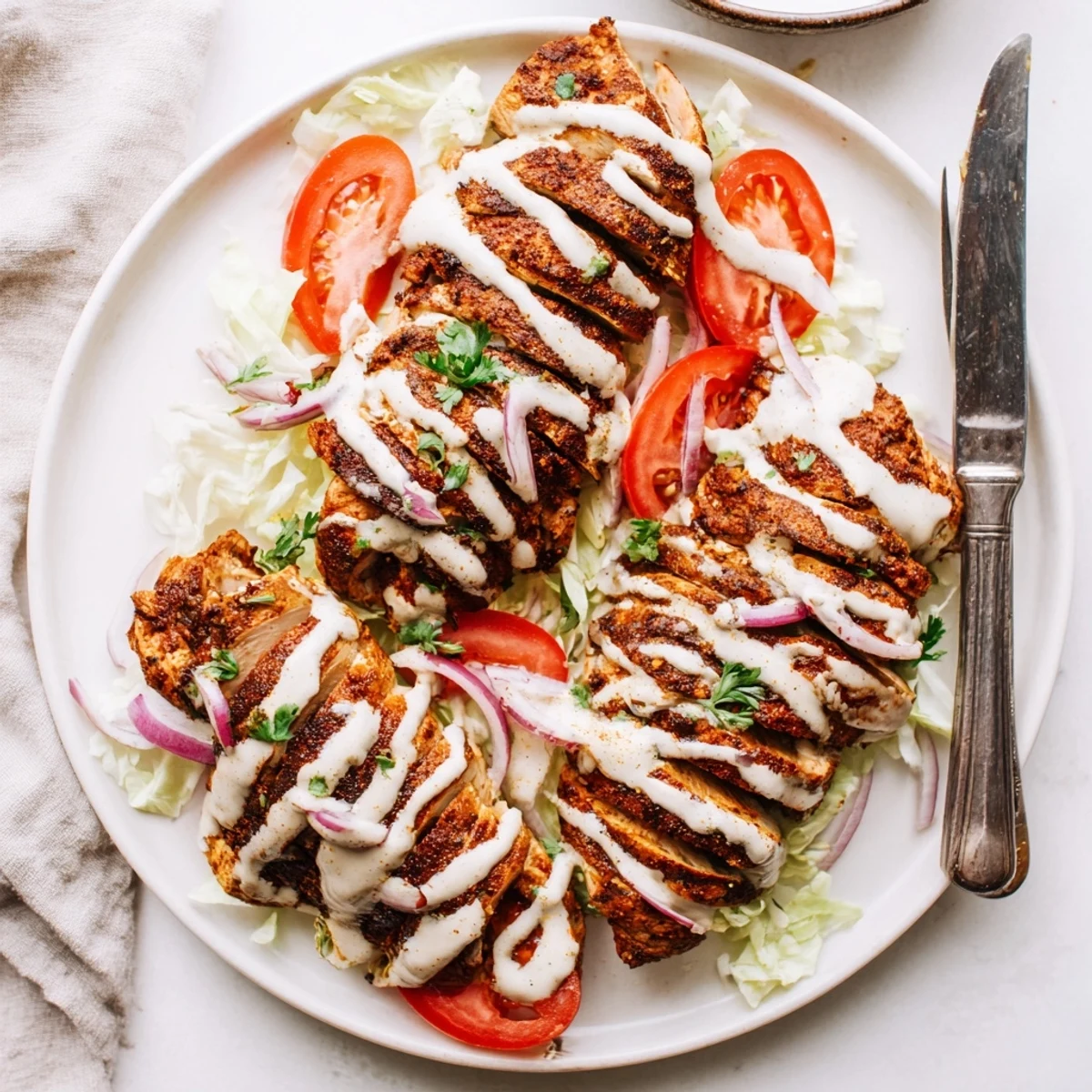 Savory chicken shawarma seasoned with aromatic Middle Eastern spices served beside homemade garlic sauce