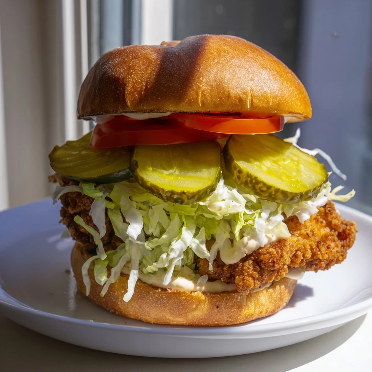 Golden brown crispy chicken burger stacked on toasted brioche with fresh lettuce and tangy pickles