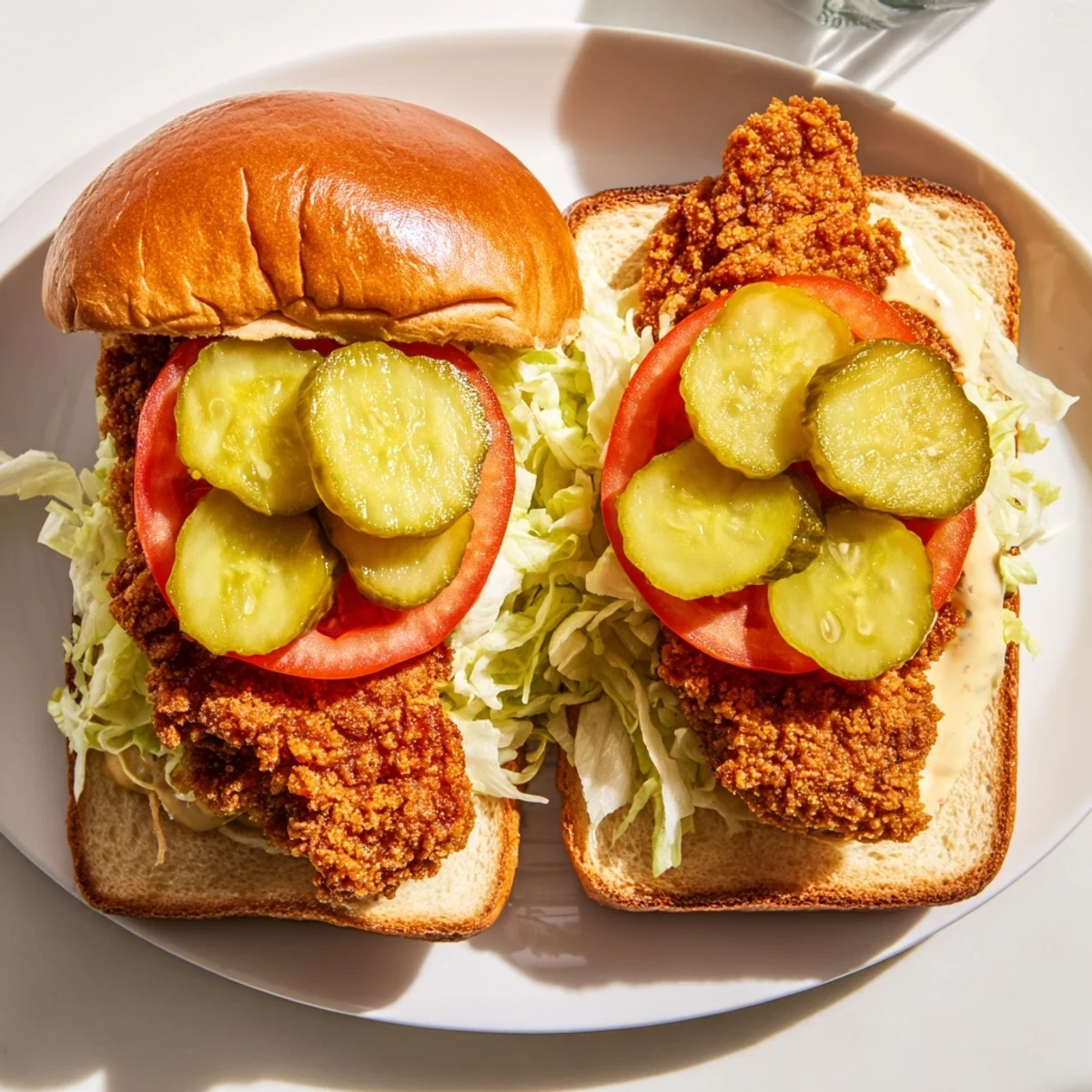 Homemade crispy chicken burger featuring crunchy fried chicken topped with shredded lettuce and dill pickle slices
