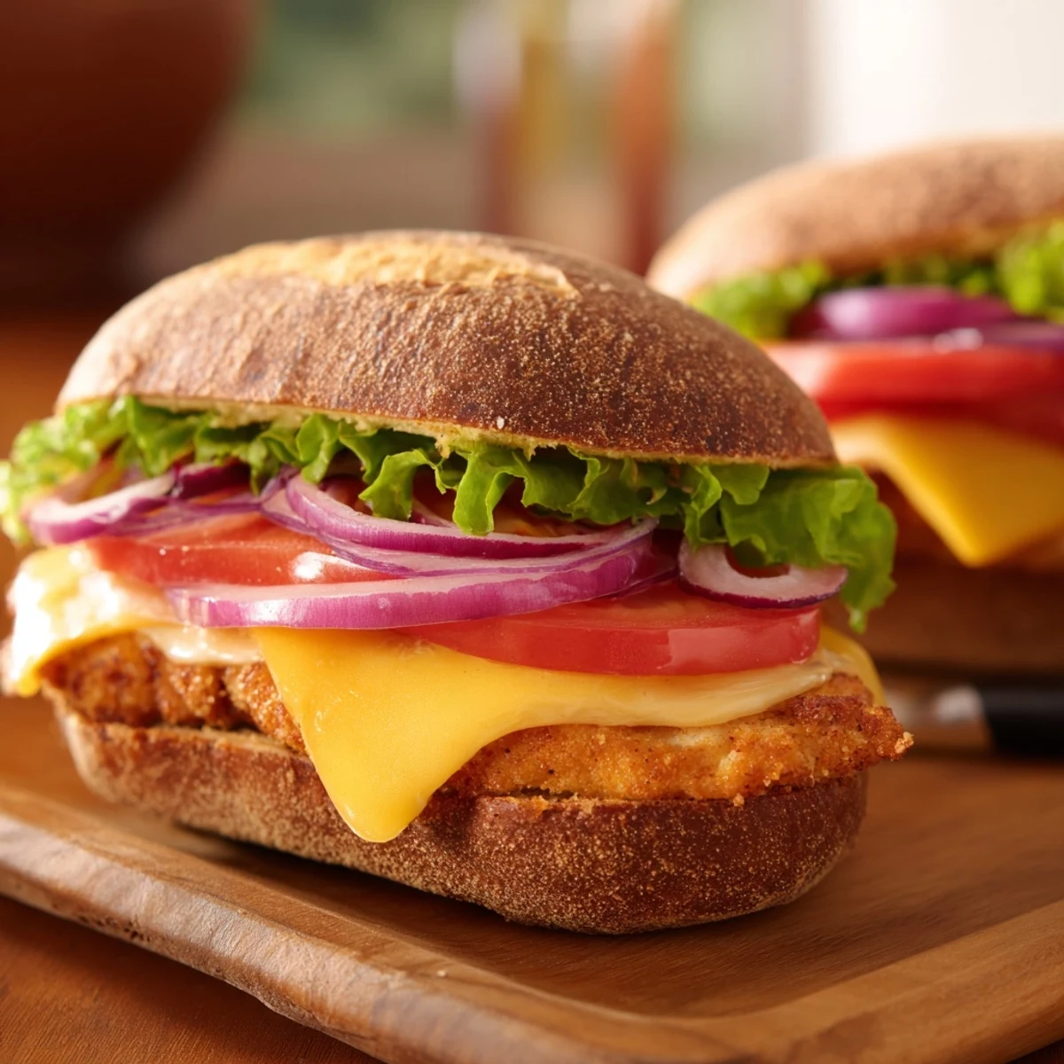 Golden grilled chicken sandwich layered with crisp lettuce, tomato, and melted cheddar on a toasted bun