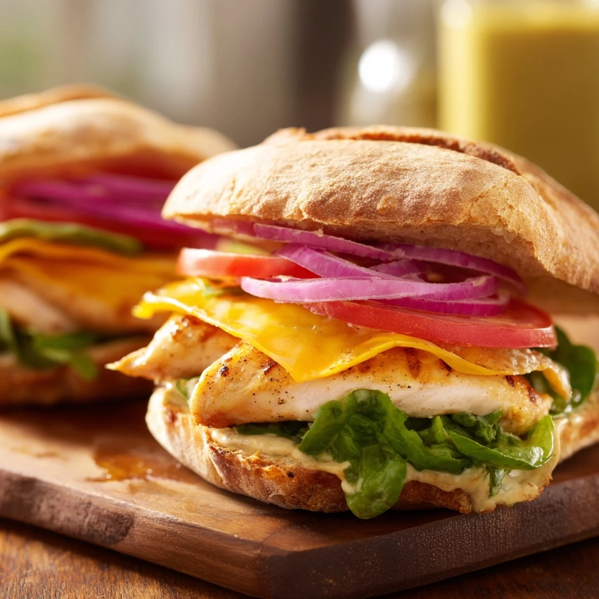 Juicy seasoned grilled chicken breast sandwich stacked with fresh vegetables and zesty creamy spread