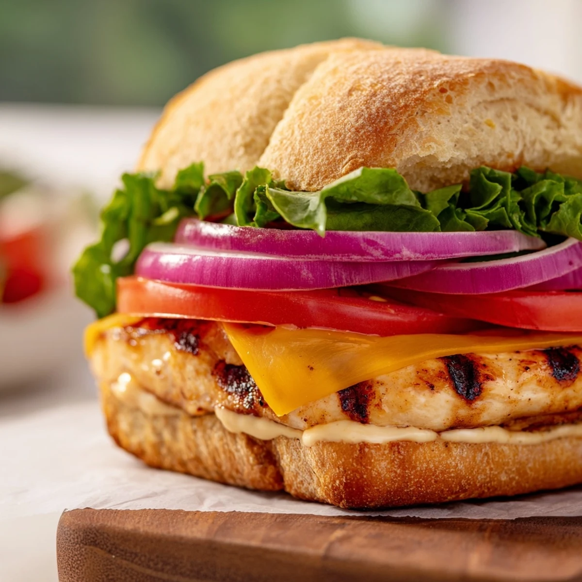 Homemade grilled chicken sandwich with romaine, red onion, and Dijon mayo on toasted ciabatta rolls