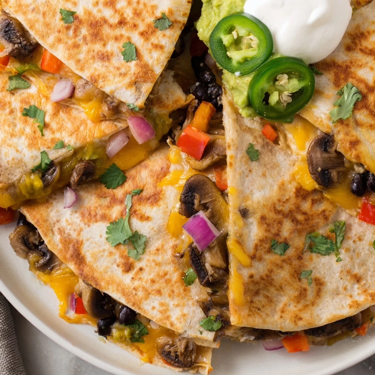 Stack of warm quesadillas filled with shredded cheese and colorful bell peppers on a wooden cutting board