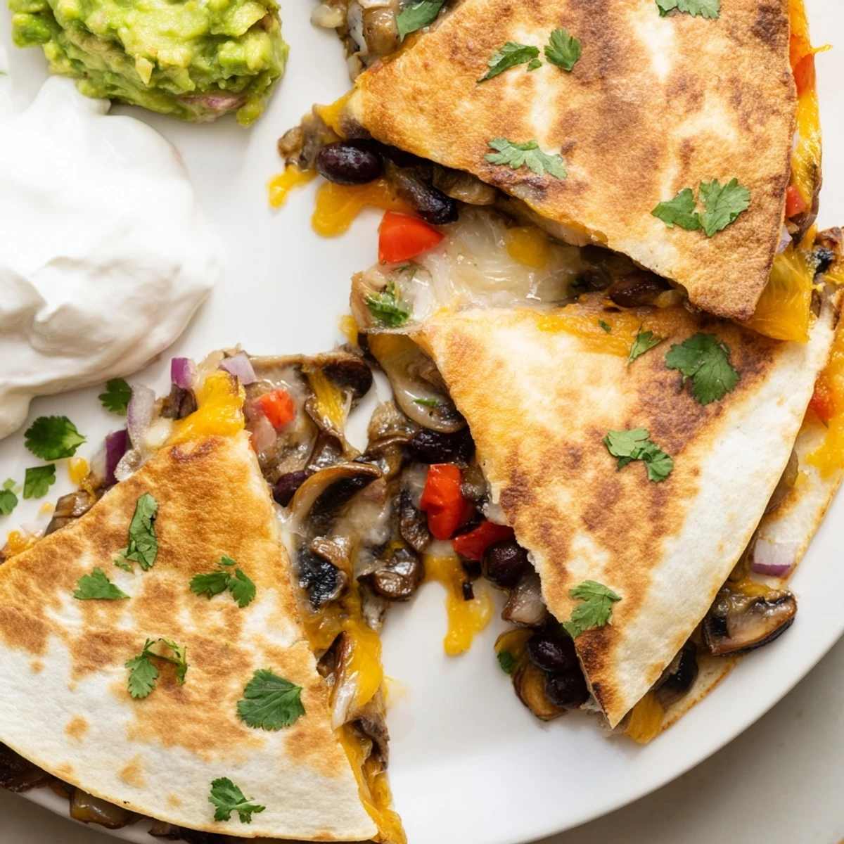 Handheld quesadilla revealing layers of melted cheese and sautéed mushrooms inside a lightly toasted flour tortilla