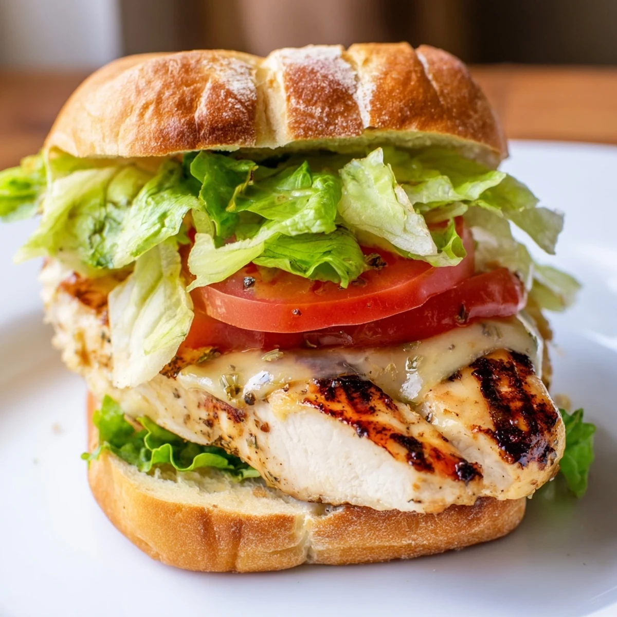 Golden grilled garlic chicken sandwich stacked with crisp lettuce and juicy tomato slices on toasted bun