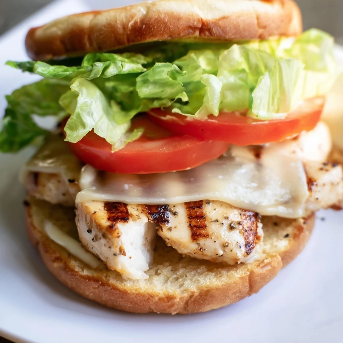 Homemade garlic chicken sandwich featuring melted cheese and creamy garlic mayo on a warm ciabatta roll