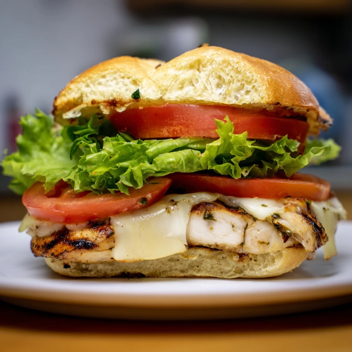 Handheld garlic chicken sandwich layered with fresh vegetables and zesty garlic sauce on artisan bread