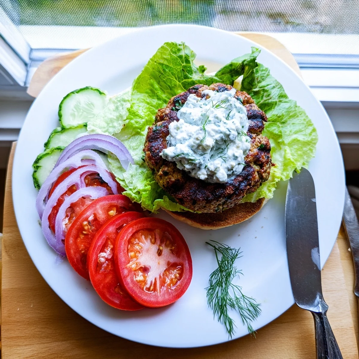 Golden grilled Greek chicken burgers topped with creamy homemade tzatziki sauce and fresh vegetables on toasted buns