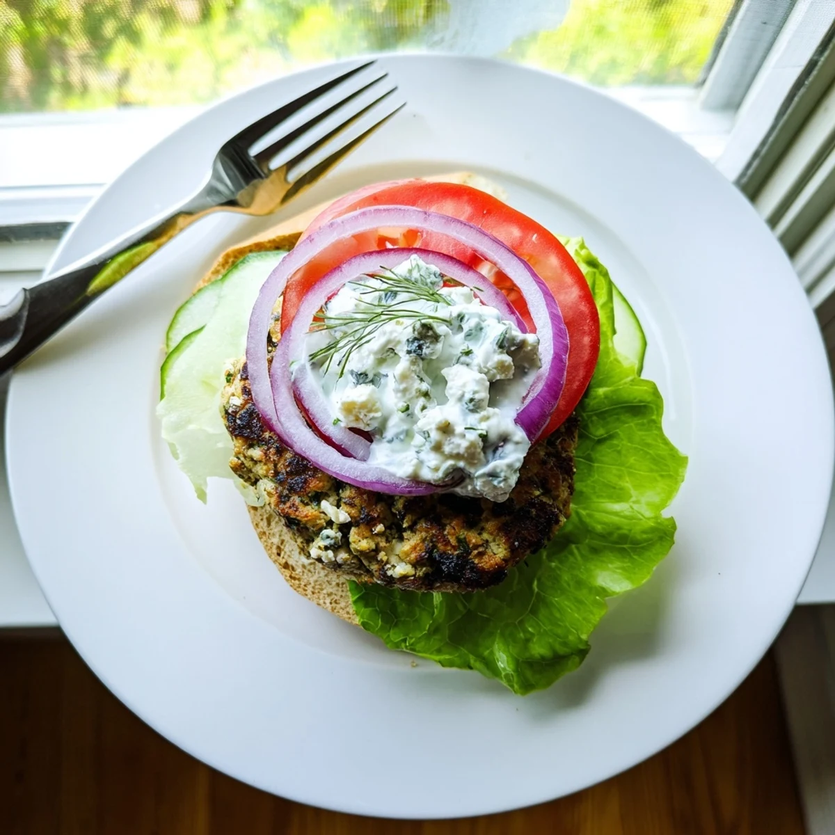 Succulent Mediterranean style chicken patties with feta and herbs served atop crisp lettuce with tangy cucumber yogurt sauce