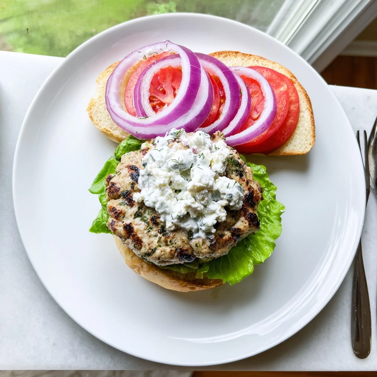 Juicy grilled chicken burger featuring crumbled feta, oregano, and generous dollops of cool tzatziki in a soft bun