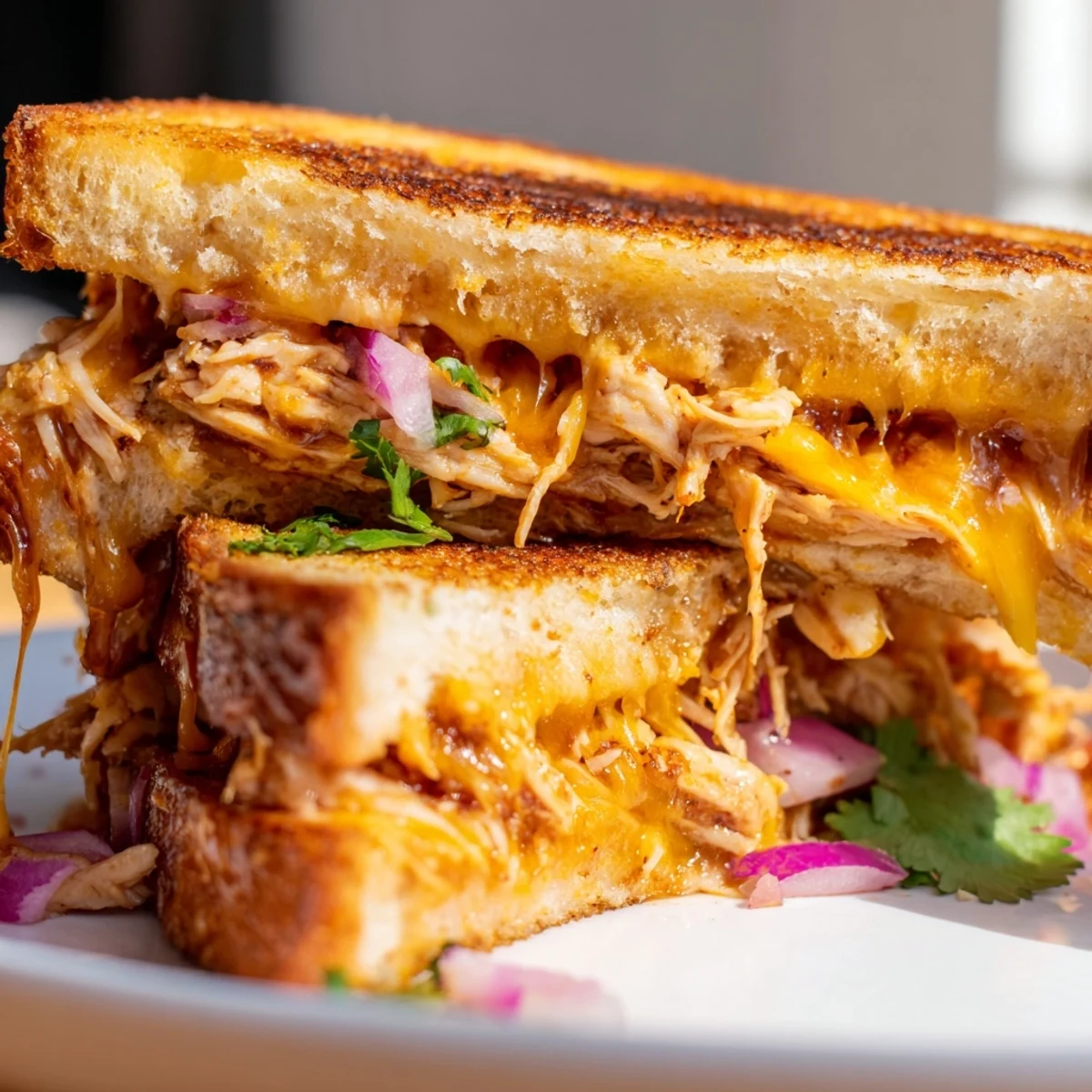 Golden BBQ chicken grilled cheese sandwich with melted cheddar and mozzarella on crispy sourdough bread