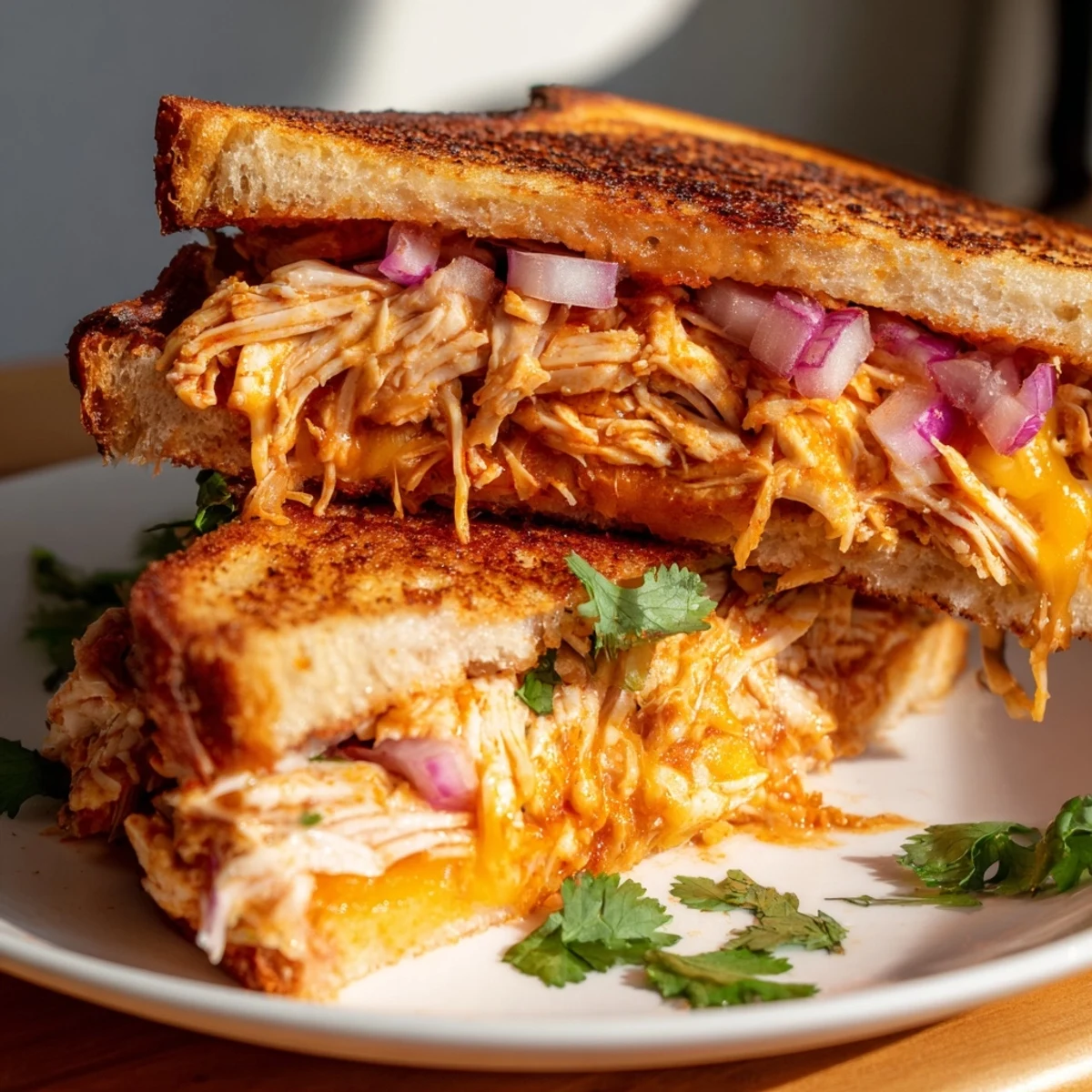 Sliced grilled cheese sandwich revealing tender BBQ chicken and gooey melted cheese inside golden toasted bread