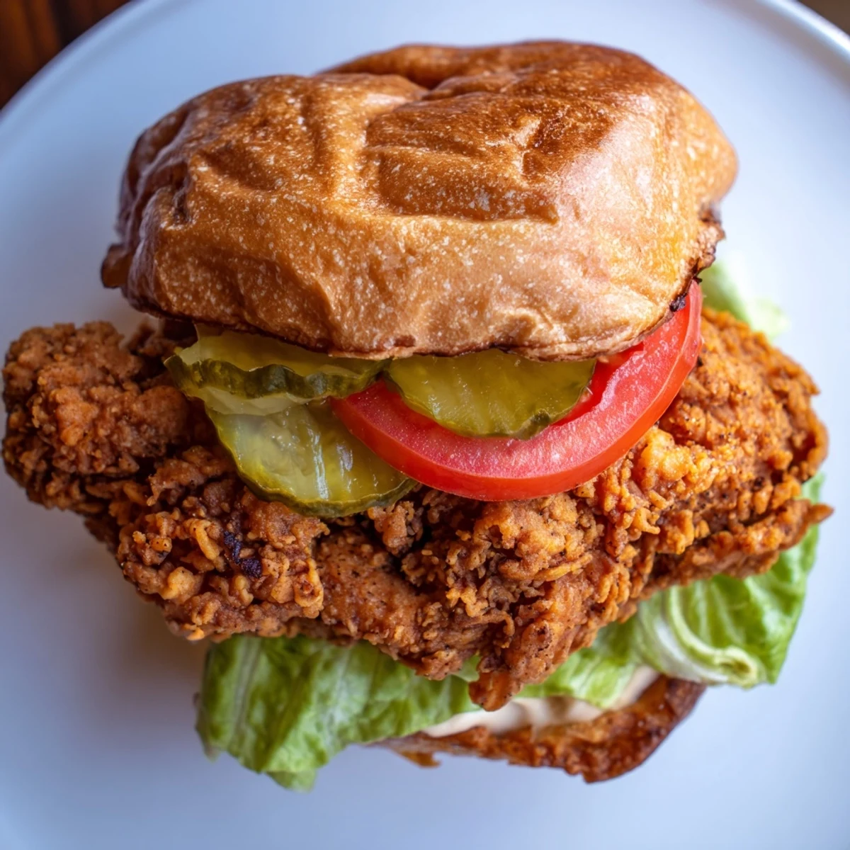 Golden ultra crunchy fried chicken burger stacked with fresh lettuce tomato and pickles on toasted brioche bun