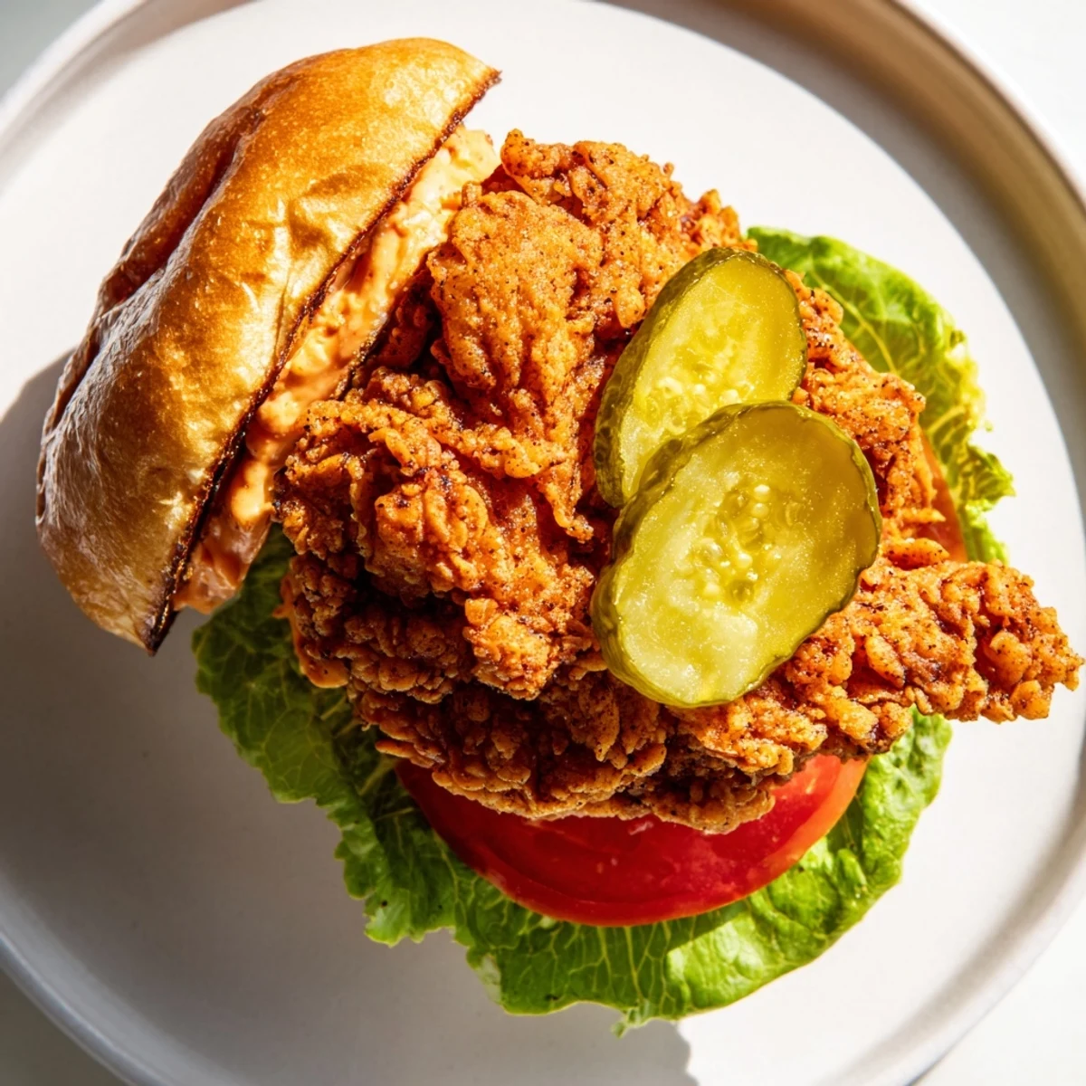 Close-up of ultra crispy fried chicken fillet burger with spicy mayo and crisp vegetables dripping with juices