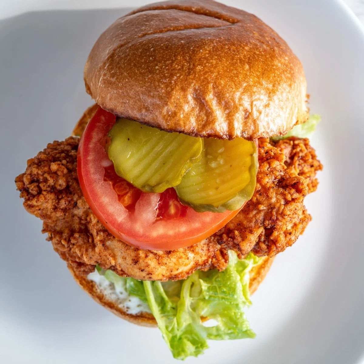 Homemade ultra crunchy fried chicken burger featuring double-dipped coating ripe tomato slices and dill pickles