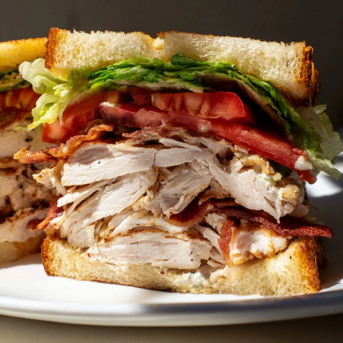 Triple-decker chicken club sandwiches layered with fresh vegetables and savory crispy bacon strips