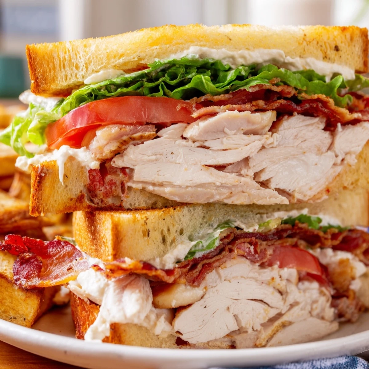 Golden toasted chicken club sandwiches diagonally sliced revealing juicy tomato and tender chicken