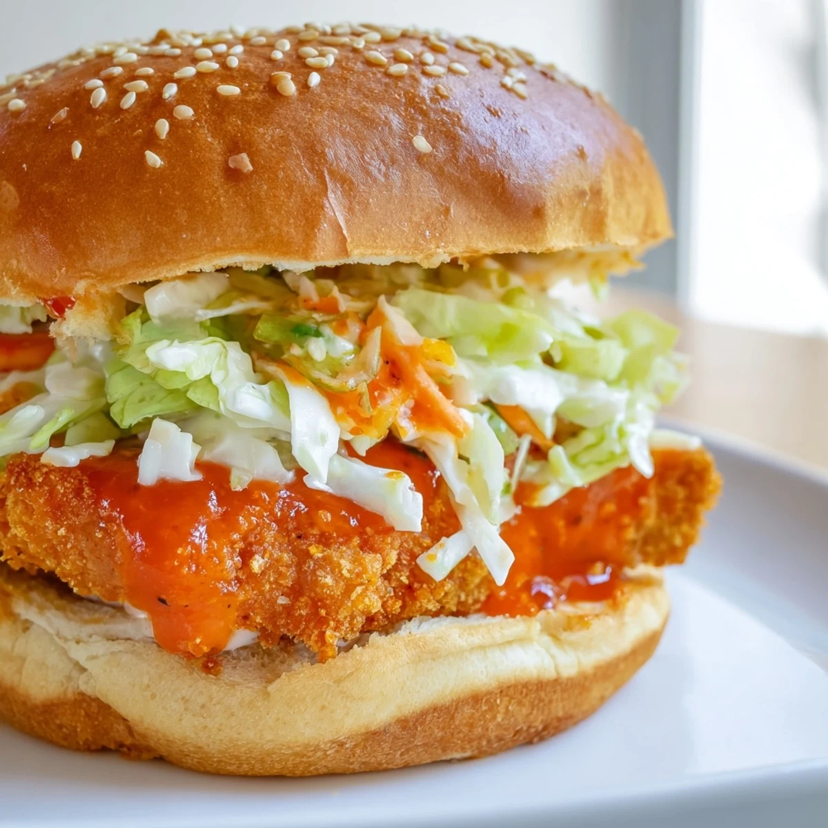 Golden buffalo chicken breast atop cool ranch slaw in a toasted brioche bun