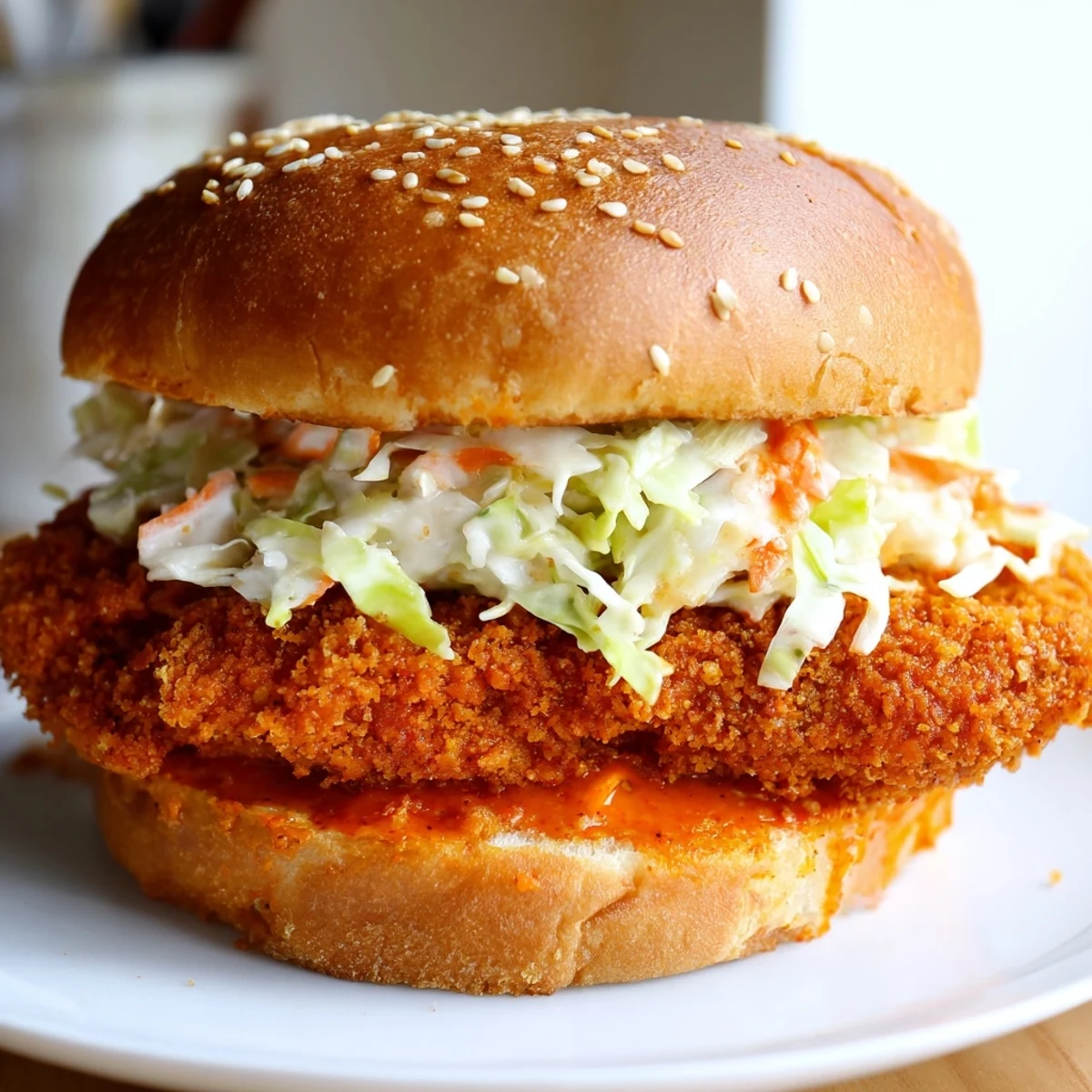 Crispy fried buffalo chicken fillet drizzled in spicy sauce with creamy cabbage slaw