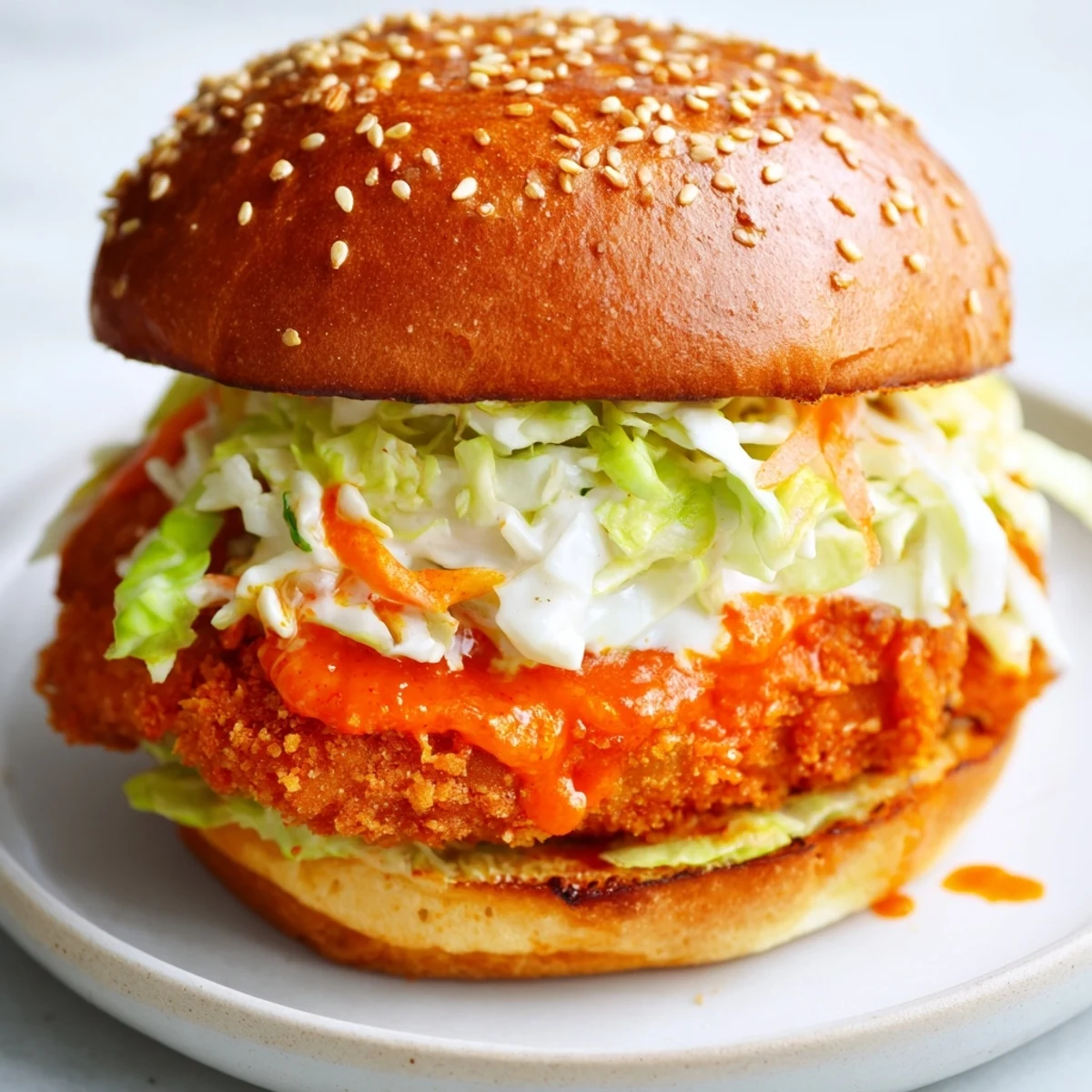 Saucy buffalo chicken sandwich piled with tangy ranch coleslaw on soft bakery bun