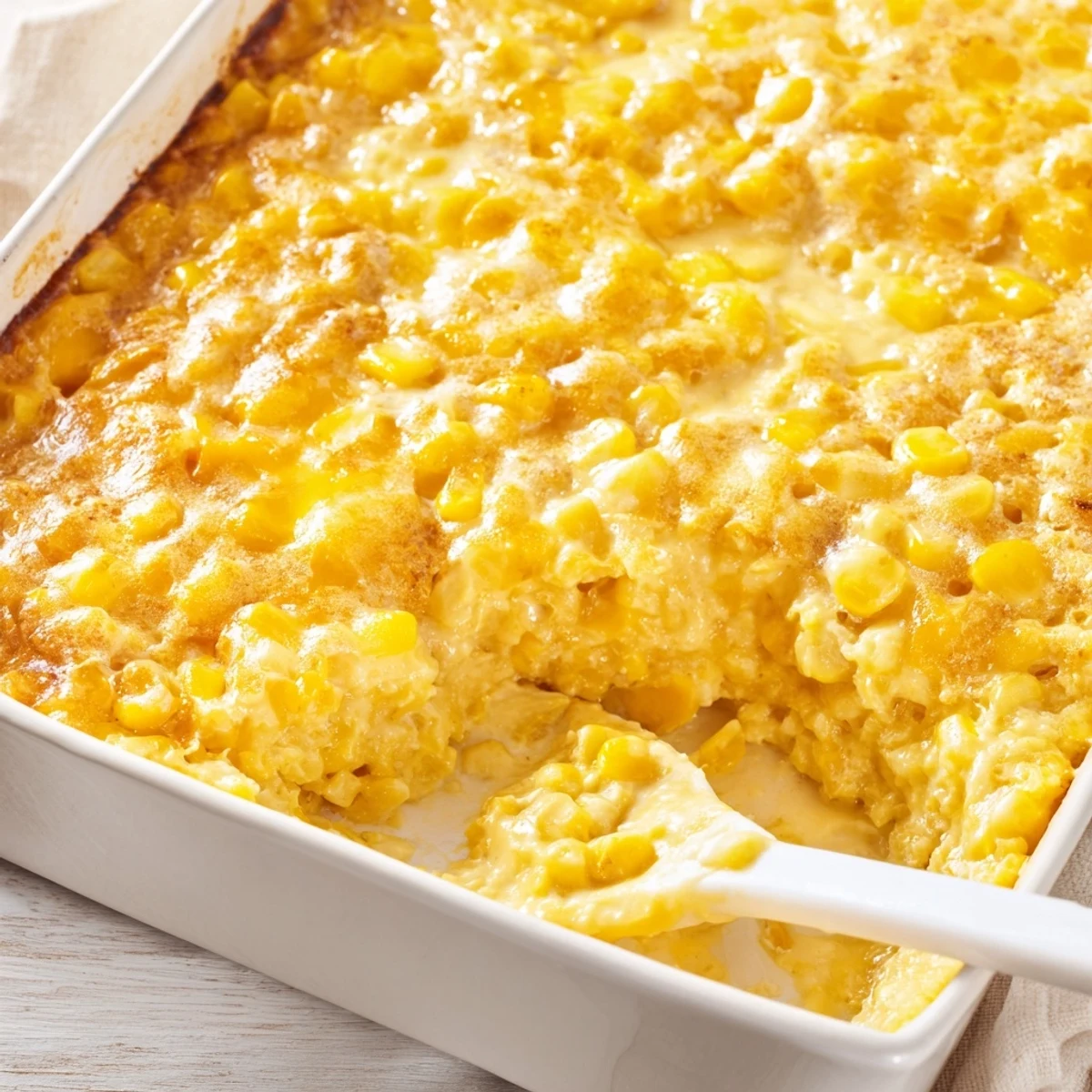 Golden honey glazed corn casserole with caramelized top and tender corn kernels baked in creamy custard