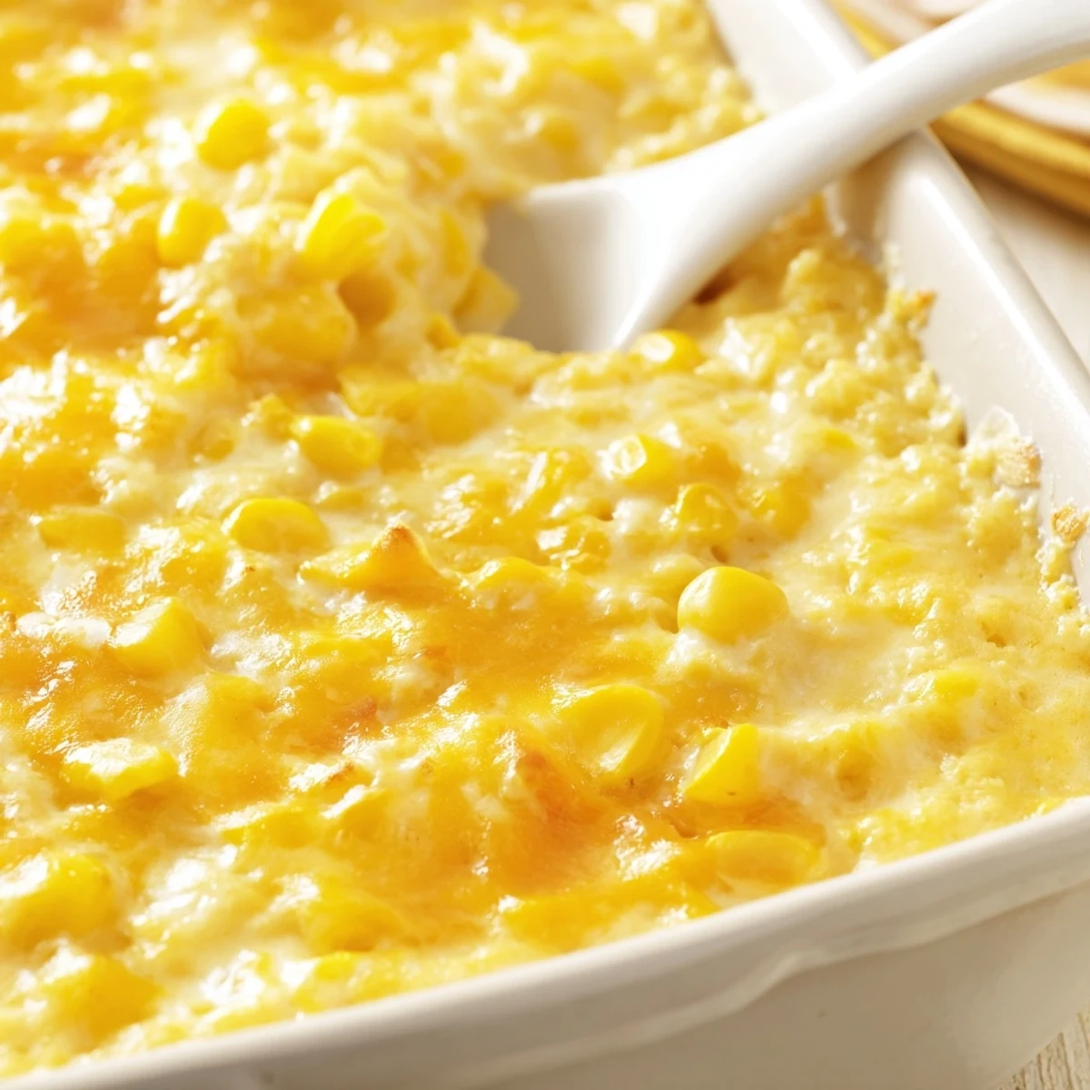 Baked honey glazed corn casserole displaying glossy honey finish with fluffy texture and golden caramelized surface