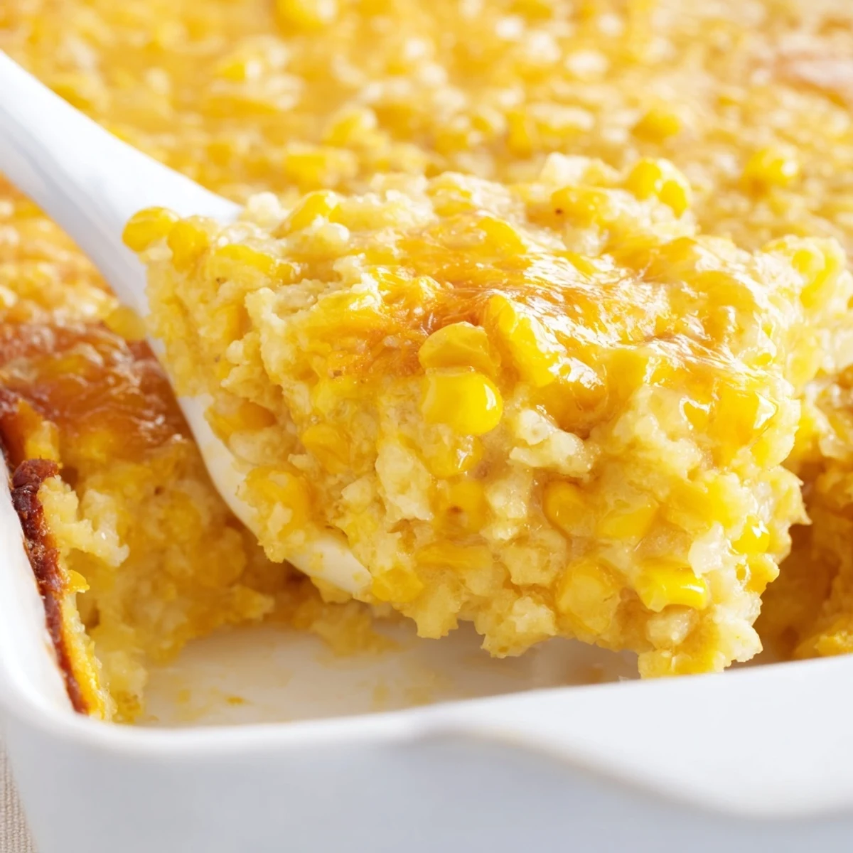 Creamy honey glazed corn casserole with melted cheddar cheese and a golden brown crust ready for serving