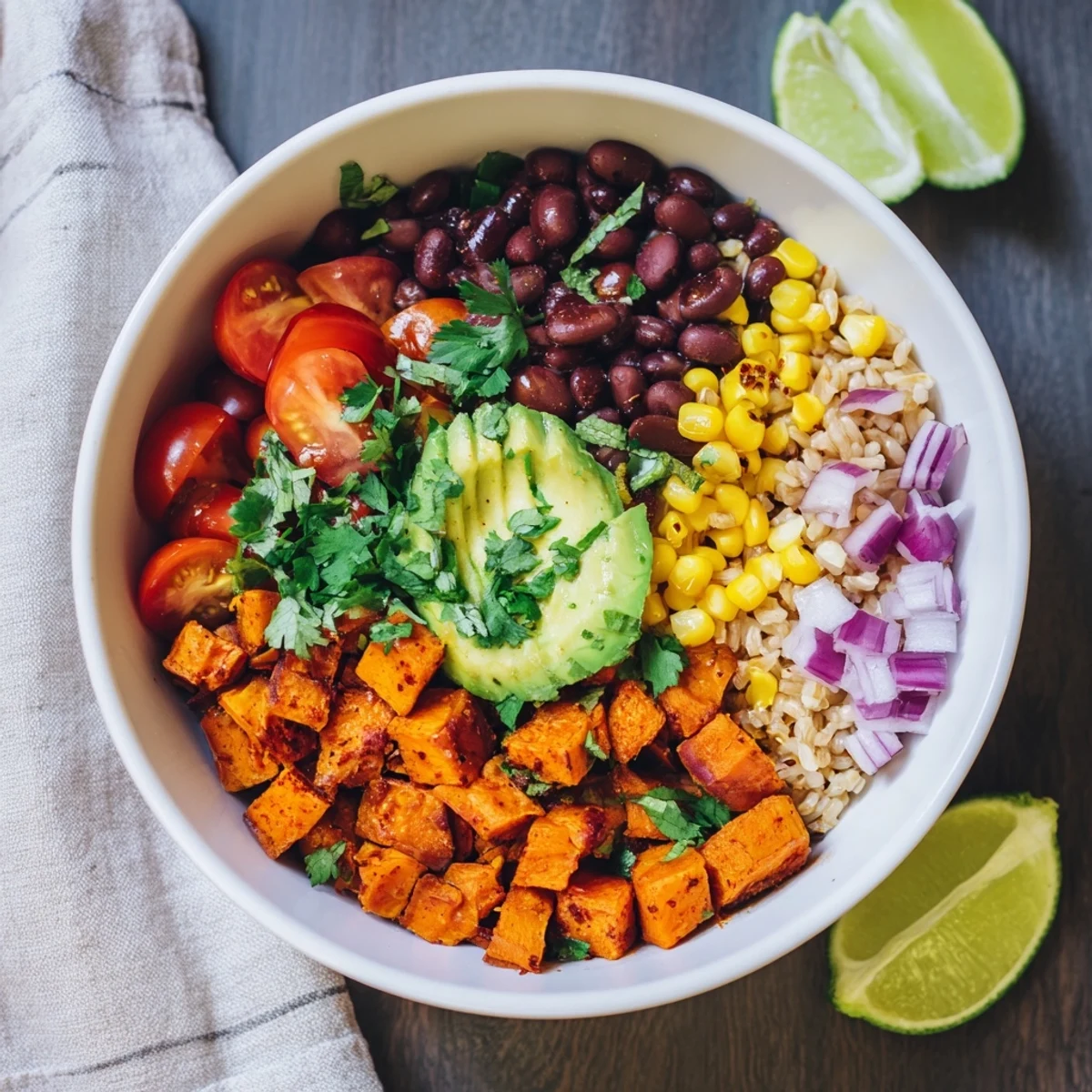 Colorful vegan sweet potato burrito bowl featuring roasted potatoes black beans avocado fresh toppings