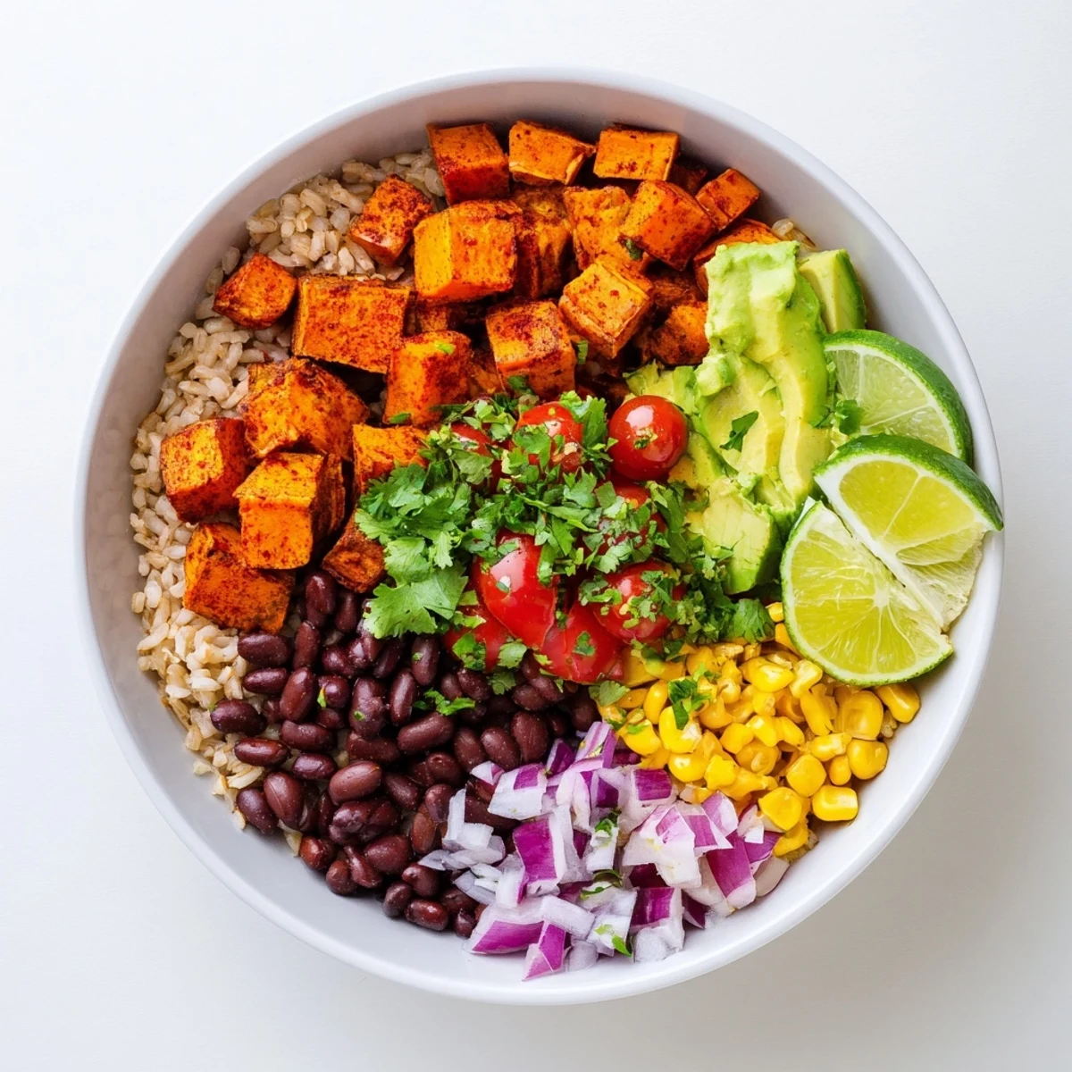 Satisfying vegan sweet potato burrito bowl topped with creamy avocado cilantro lime drizzle