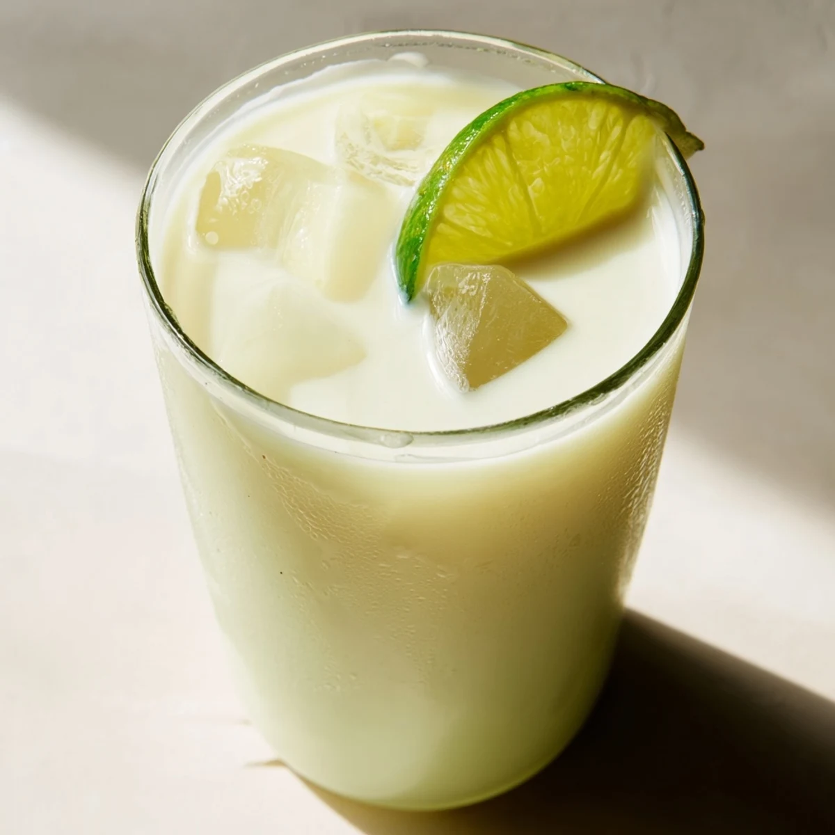 Glass of creamy Brazilian lemonade garnished with fresh lime slices over ice