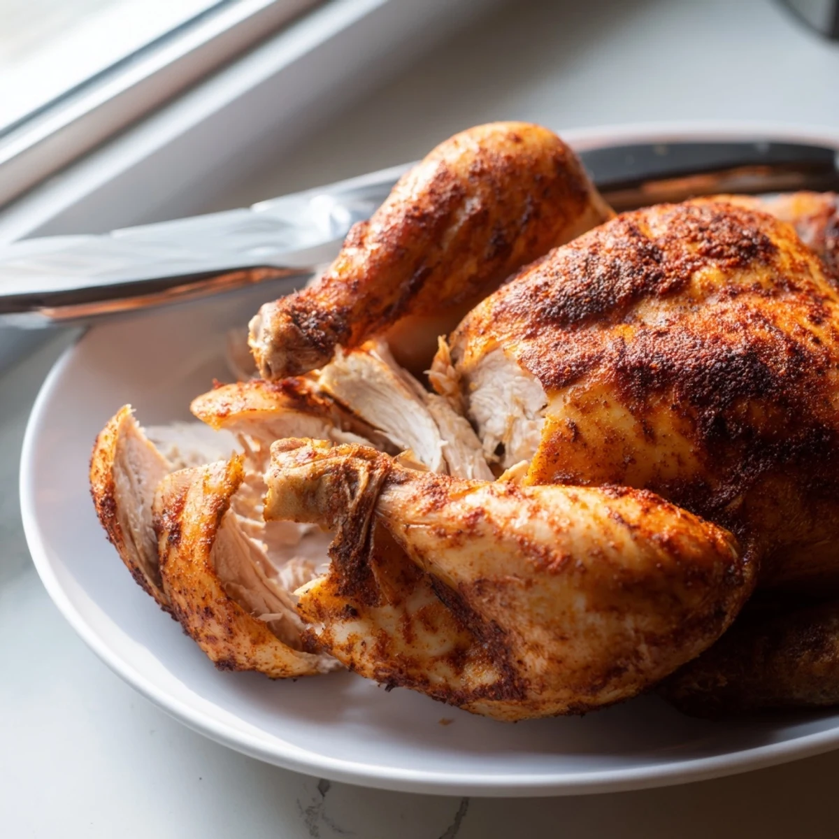 Whole roasted rotisserie chicken with tender meat and aromatic herbs on a serving platter