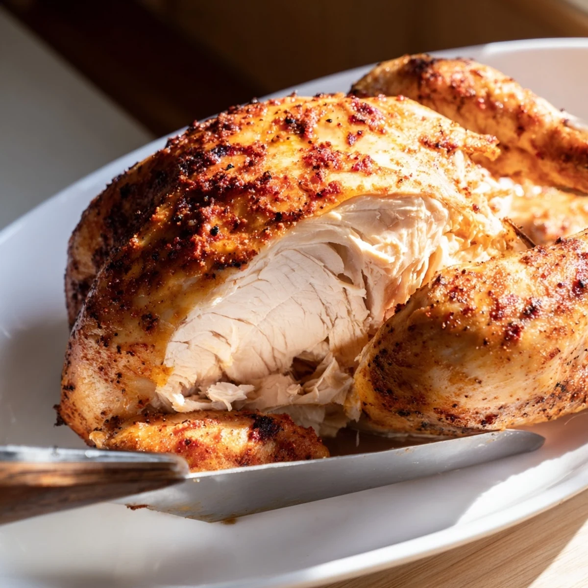 Golden brown juicy rotisserie chicken with crispy seasoned skin roasted to perfection