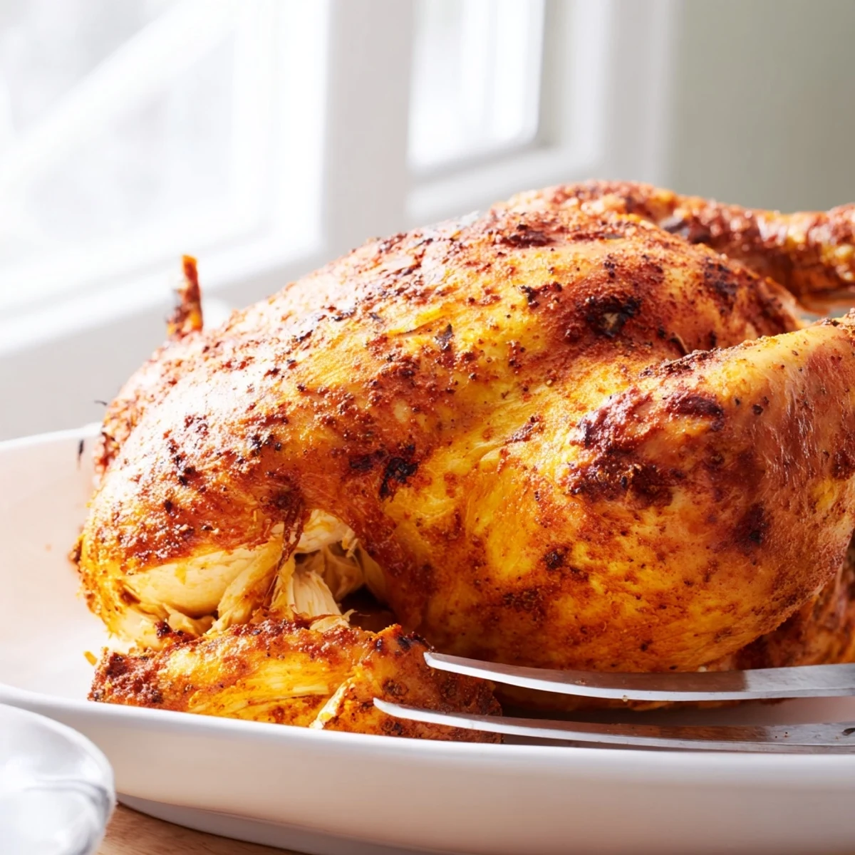 Homemade juicy rotisserie chicken resting after roasting with golden crispy skin and savory spices