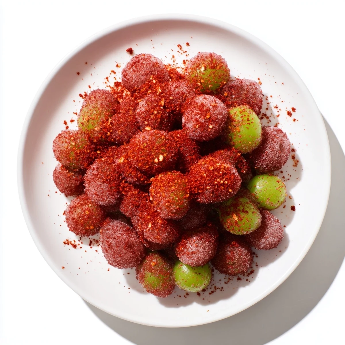 Bowl of vibrant frozen Tajín grapes coated with spicy red seasoning and fresh lime zest