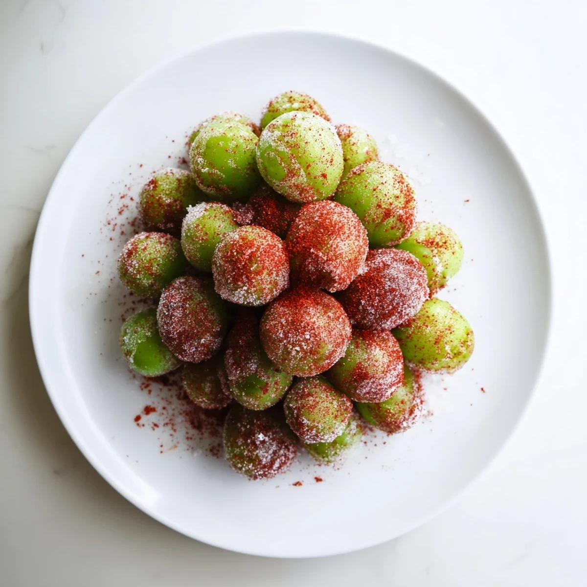 Refreshing Mexican-style frozen snack featuring crisp grapes rolled in citrus-spiced Tajín coating