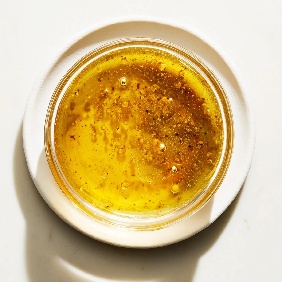 Golden honey lemon vinaigrette dressing drizzled over fresh mixed green salad