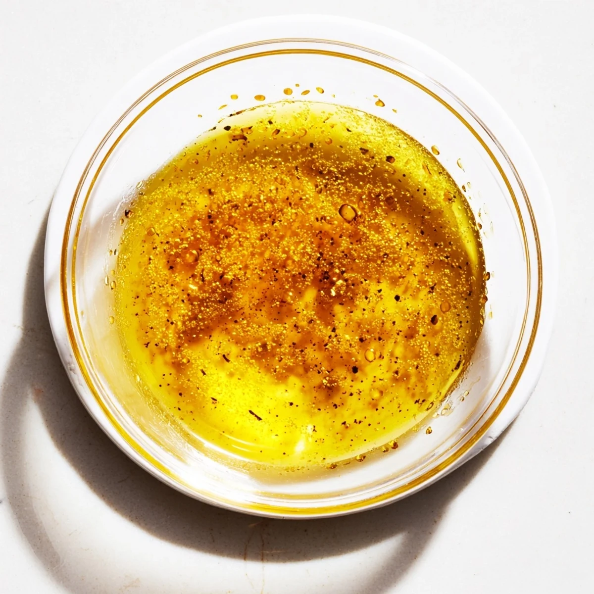 Creamy honey lemon vinaigrette in glass jar with lemon slices and olive oil