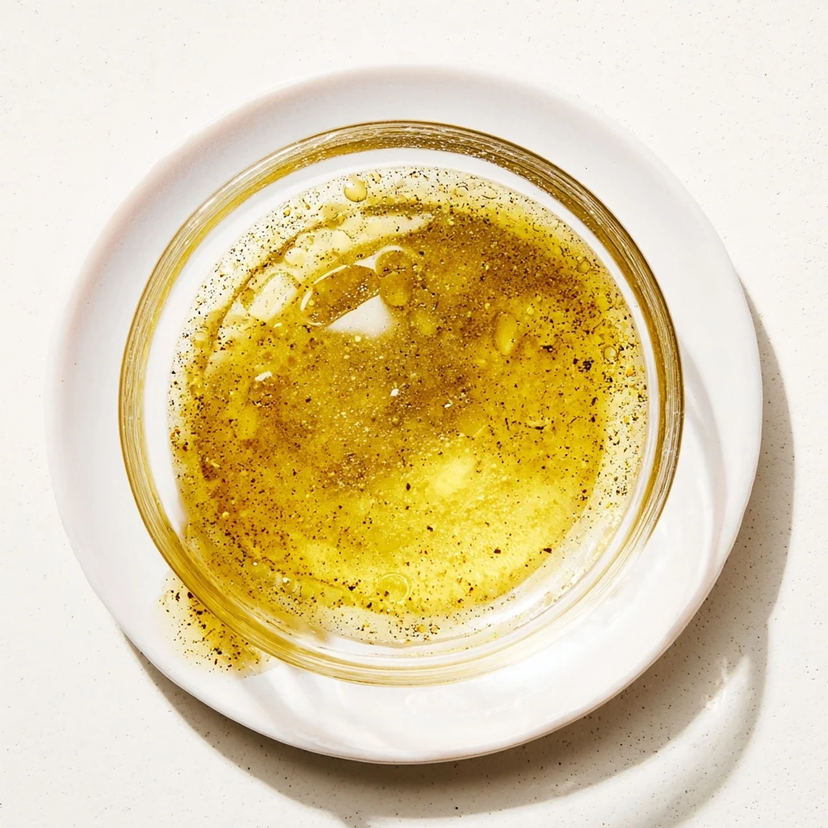 Homemade honey lemon vinaigrette whisked in bowl with fresh herbs and citrus zest