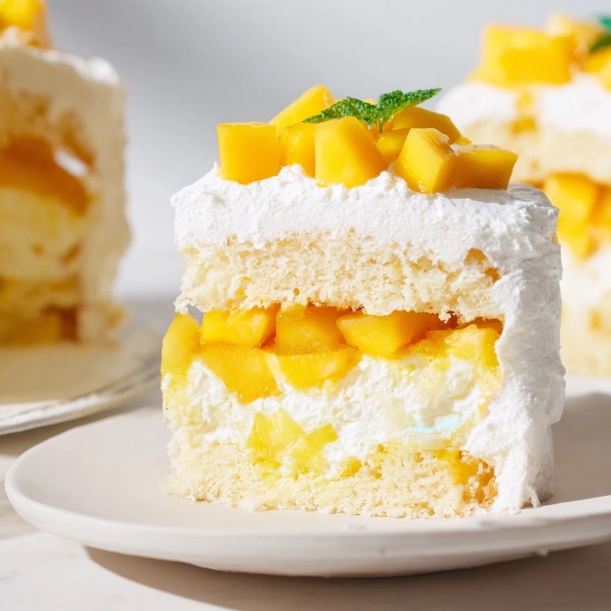Mini mango yuzu Chantilly cake with fluffy cream layers and fresh tropical mango topping