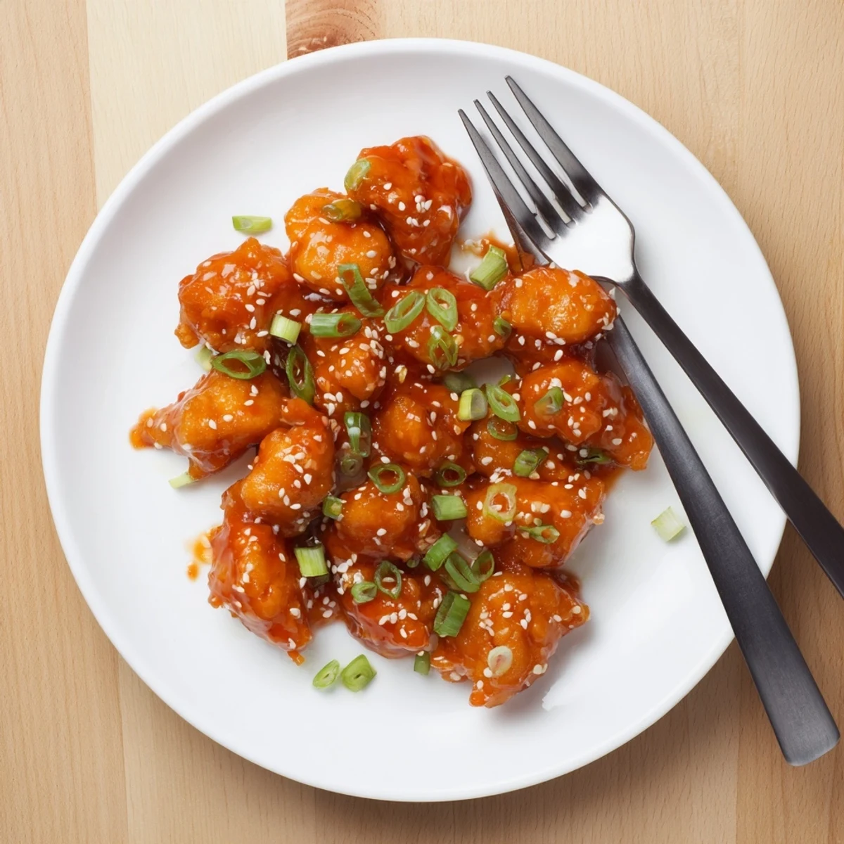 Golden chicken pieces glazed in sticky sweet chili sauce with sesame seeds and green onions
