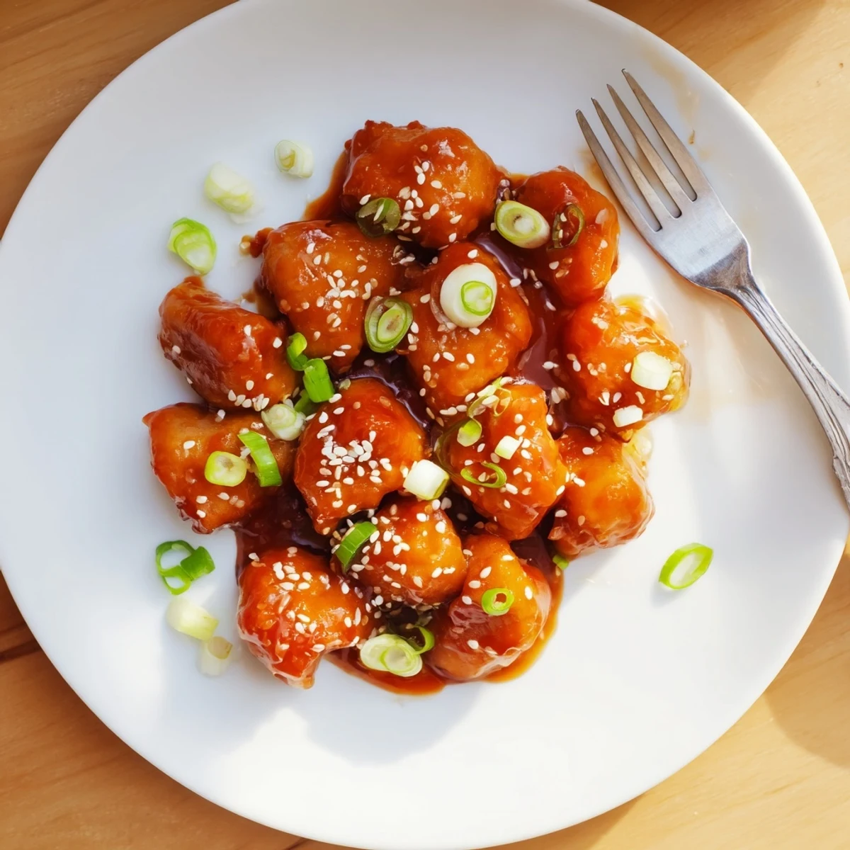 Tender crispy chicken thighs coated in glossy sweet and spicy chili glaze over white rice