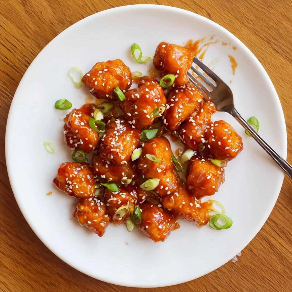 Weeknight dinner featuring chicken simmered in thick sweet chili sauce topped with fresh scallions