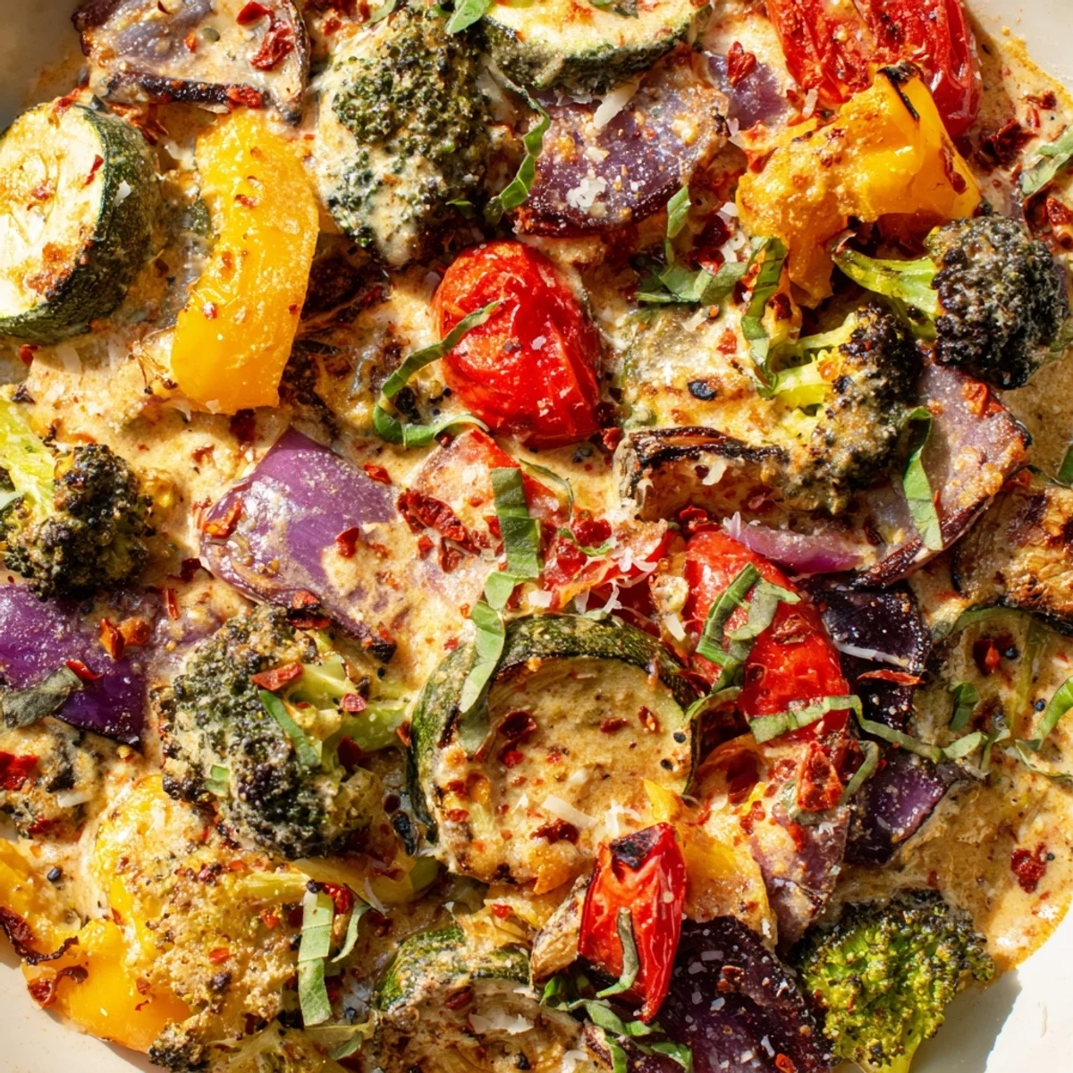 Golden roasted medley of zucchini bell peppers and eggplant in creamy sun-dried tomato sauce