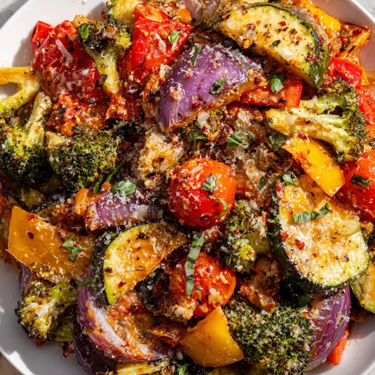 Tender roasted vegetables tossed in savory sun-dried tomato cream sauce finished with fresh herbs