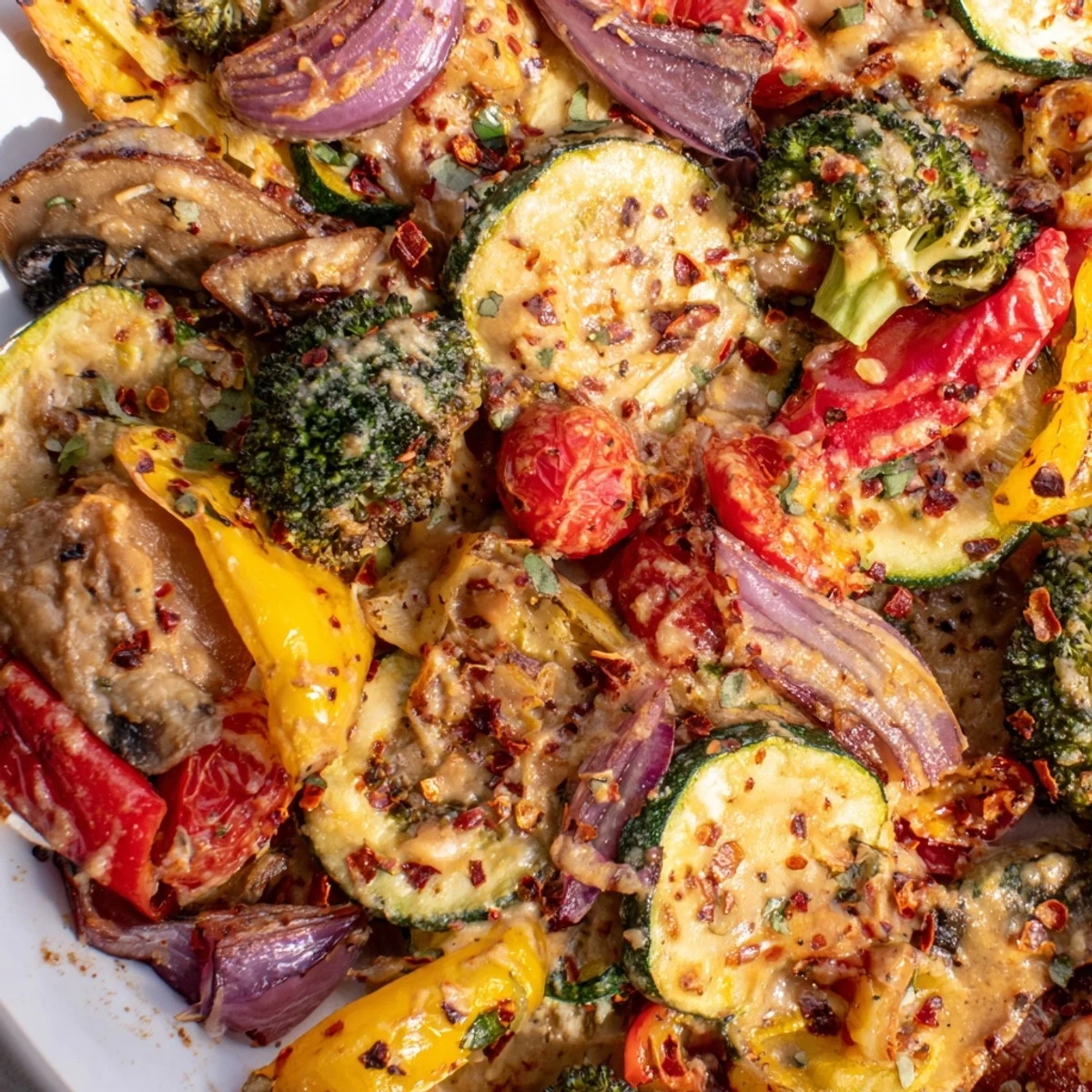Colorful Marry Me roasted vegetable medley drizzled with rich parmesan cream and fresh basil