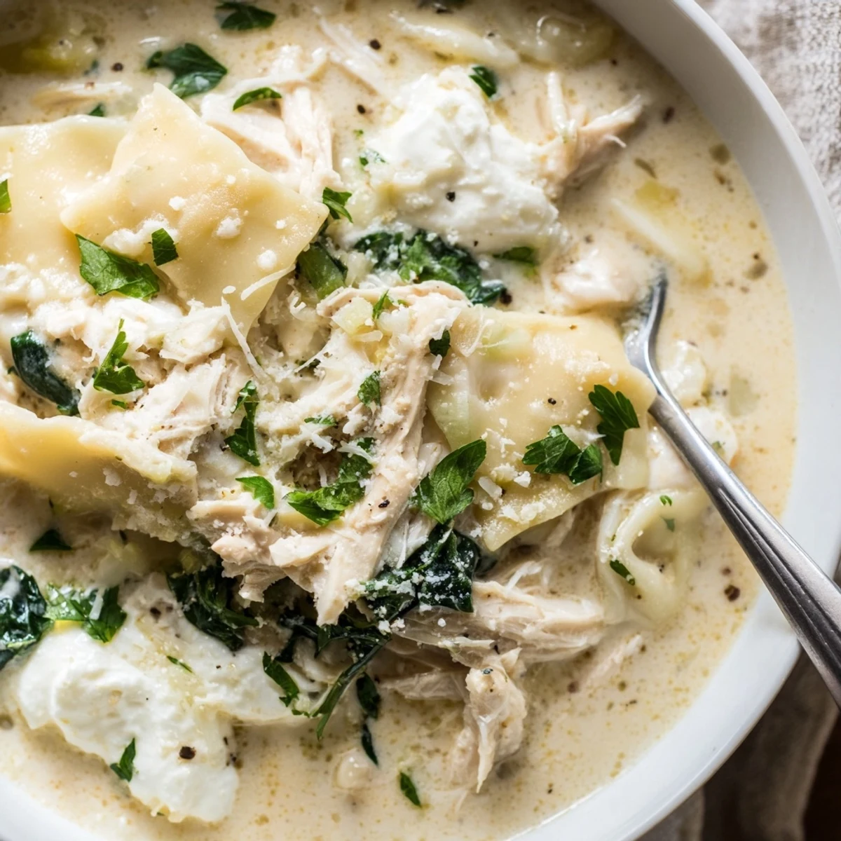 Bowl of white lasagna soup topped with melted mozzarella and fresh parsley