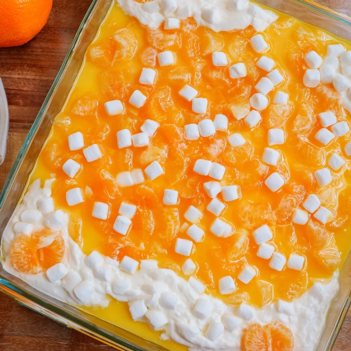 Golden orange Jello salad dotted with bright mandarin oranges and fluffy white creamy topping