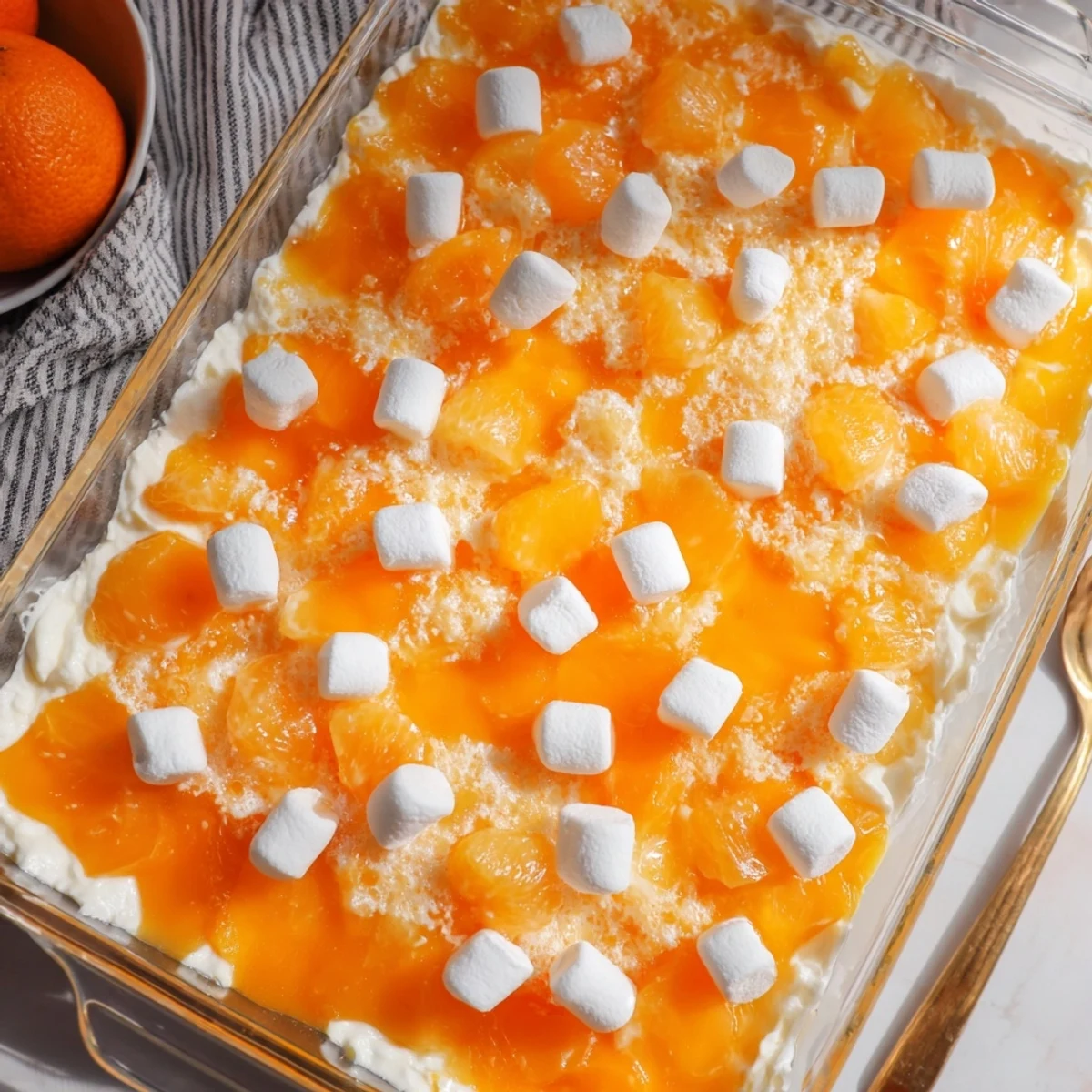 Festive Easter orange Jello salad layered with pineapple segments in a glass serving dish
